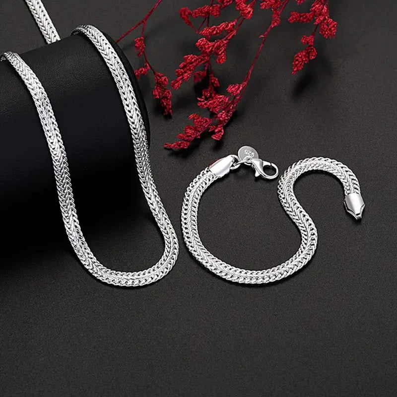 FASHION 925 Sterling Silver Men Party Jewelry Men's Foxtail Chain Necklace Bracelet Jewelry Set