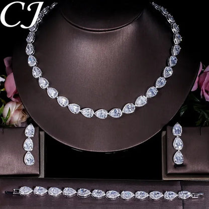 CANDICE Classic Zirconia Wedding Jewelry Sets For Bridal Luxury Teardrop CZ Stone White Gold Plated Party Chocker Necklace Earrings and Bracelet Set