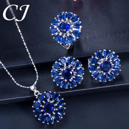 CANDICE Elegant Flower Jewelry Set Paved Green Stones Fashion Sterling Silver Plated Pendant Necklace Earrings Ring Sets