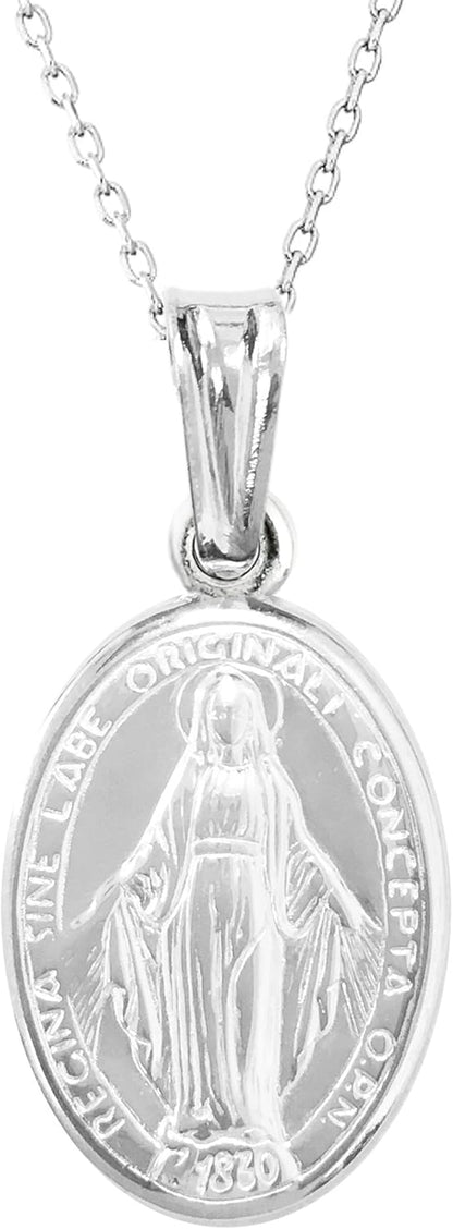 Italian Sterling Silver Miraculous Virgin Mary Medal Latin Prayer Charm Pendant Necklace(12Mm, 15Mm, 19Mm)