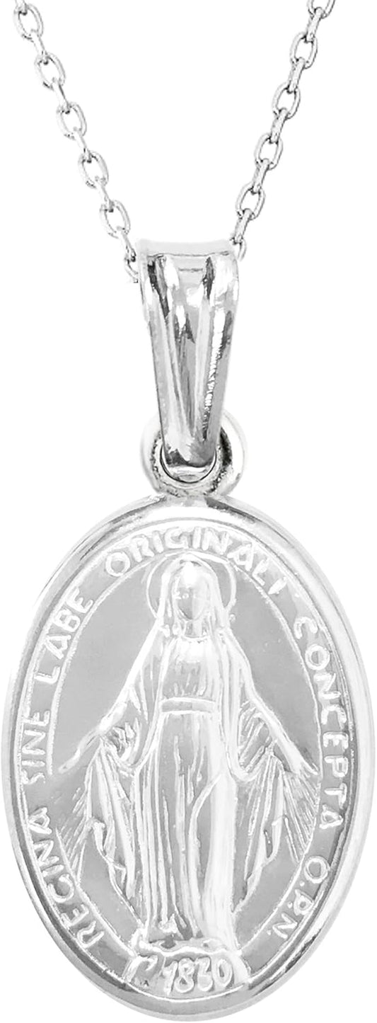 Italian Sterling Silver Miraculous Virgin Mary Medal Latin Prayer Charm Pendant Necklace(12Mm, 15Mm, 19Mm)