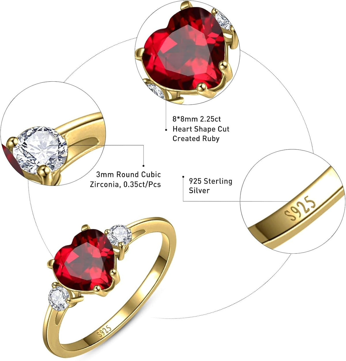 2.25Ct Created Gemstone Ring for Women 925 Sterling Silver Heart Cut 8 * 8Mm Cubic Zirconia Birthstone Ring for Engagement Anniversary Size 5-10