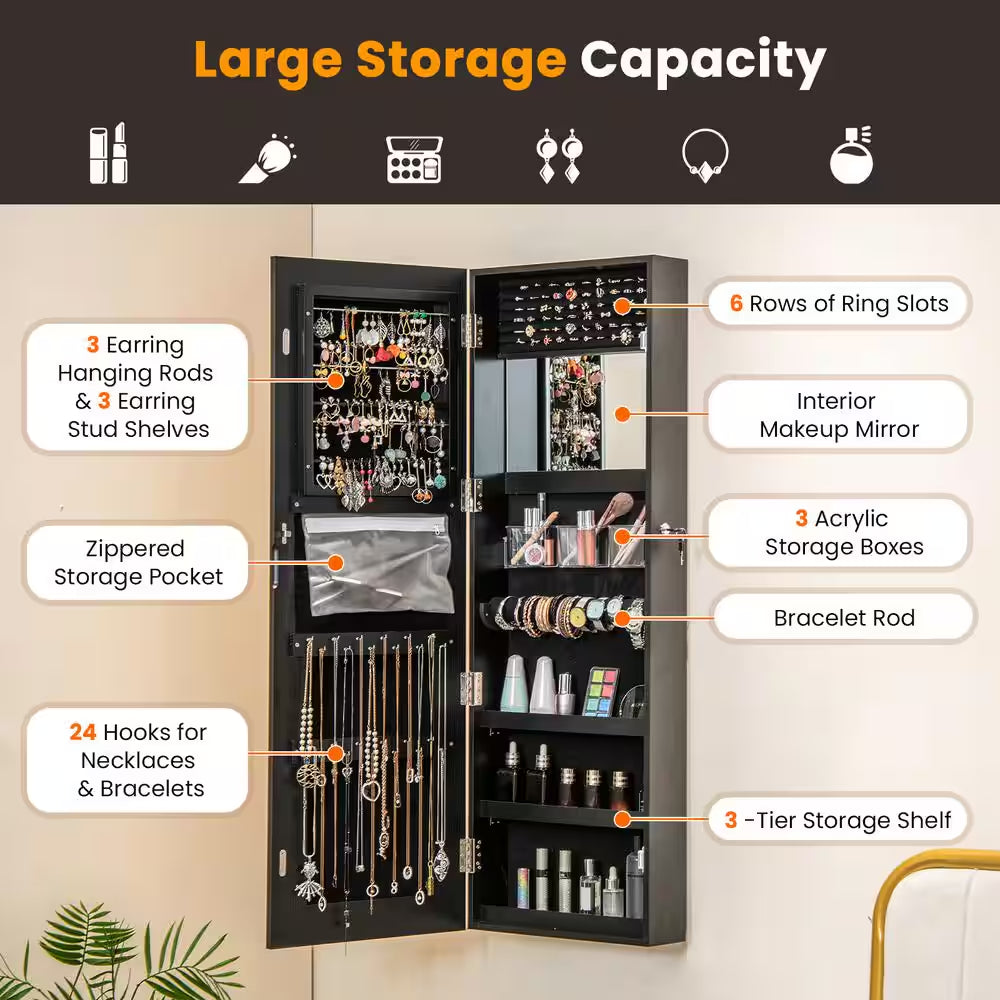 Door Wall Mount Touch Screen LED Light Mirrored Jewelry Box Cabinet Storage Lockable