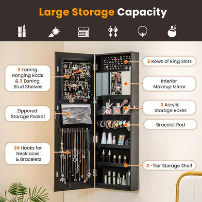 Door Wall Mount Touch Screen LED Light Mirrored Jewelry Box Cabinet Storage Lockable
