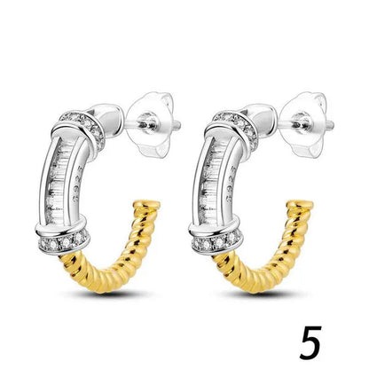 New 925 Sterling Silver Sparkling Two-Tone Zircon Stud Earrings European Fashion Women's Jewelry Earrings