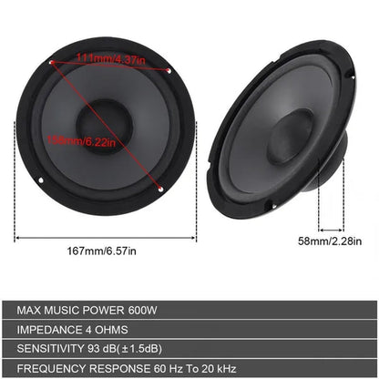6 Inch 600W 2-Way Car Hifi Coaxial Speaker Vehicle Door Auto Audio Music Stereo Full Range Frequency Speakers