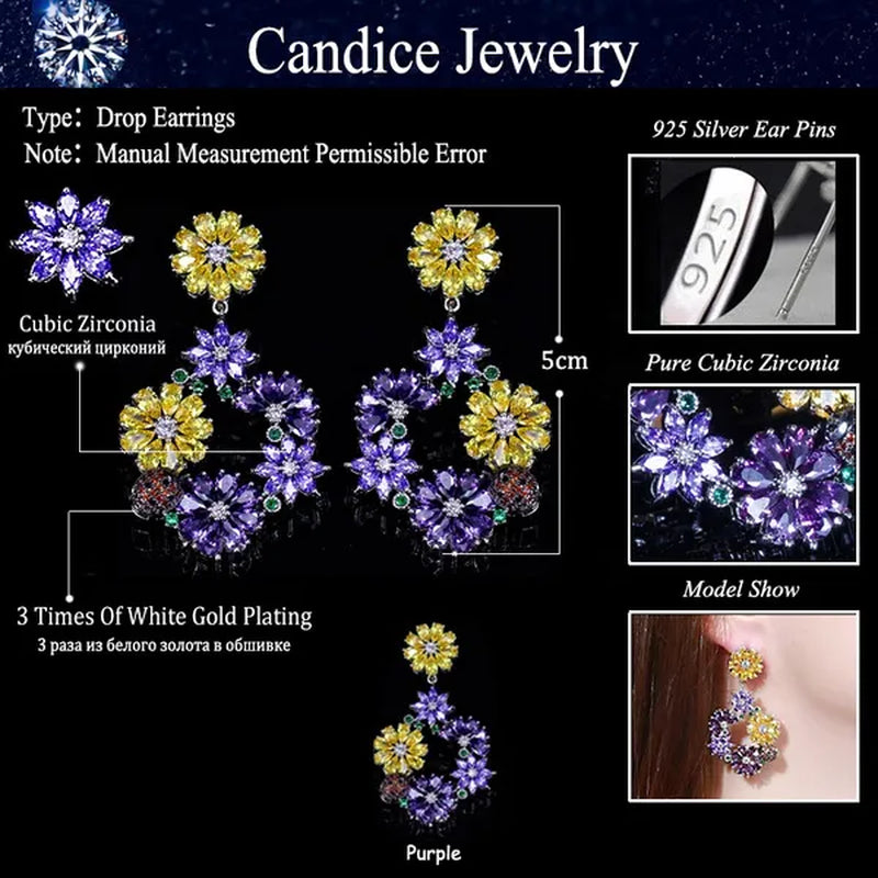 CANDICE Noble Purple Crystal Big Long Dropping Earrings Setting White Gold Plated Yellow Cubic Zirconia Graceful Floral Women Prom Party Jewelry With Sterling Silver Plated