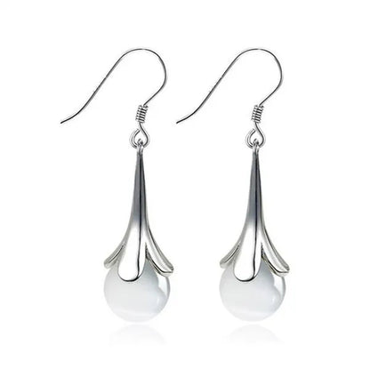 NEW ARRIVAL 925 Sterling Silver Long Earring Simple Round Moonstone Dashing Woman Huggie Stud Christmas Birthday Gift Diamond Jewelry Bridal Lady Earrings