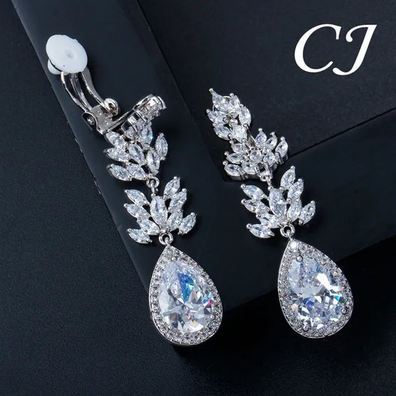 CANDICE Classic Design Water Drop Women Non Hole Ear Jewelry Setting Clear Leaf Zirconia Crystal Comfortable Clip On Earrings Without Piercing