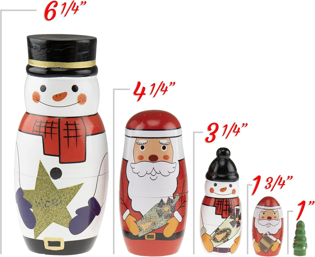 5 Pcs Handmade Wooden Russian Matryoshka Nesting Dolls Set, Traditional Christmas Home Decoration, Snowman