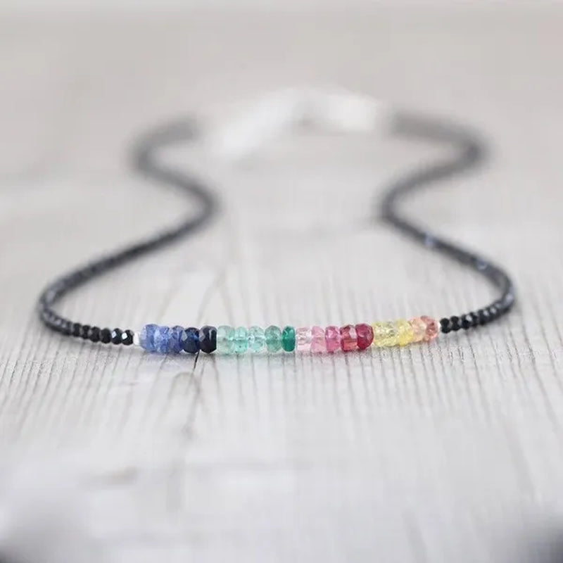 Sapphire, Ruby, Emerald & Black Spinel Necklace. Sterling Silver, Rose, Gold Filled. Dainty Delicate Multi Color Gemstone Choker for Women
