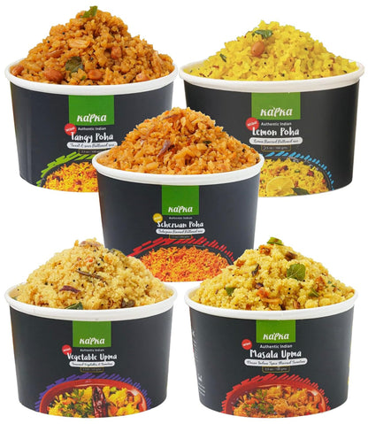 Assorted Variety Indian Meals - 5 Pack - Ready to Eat Authentic Vegan Prepared Food - Just Add Water - Microwaveable Plant-Based Snacks for Breakfast, Lunch, Non-Gmo, No Additives - 3.5Oz Each
