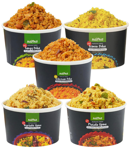 Assorted Variety Indian Meals - 5 Pack - Ready to Eat Authentic Vegan Prepared Food - Just Add Water - Microwaveable Plant-Based Snacks for Breakfast, Lunch, Non-Gmo, No Additives - 3.5Oz Each