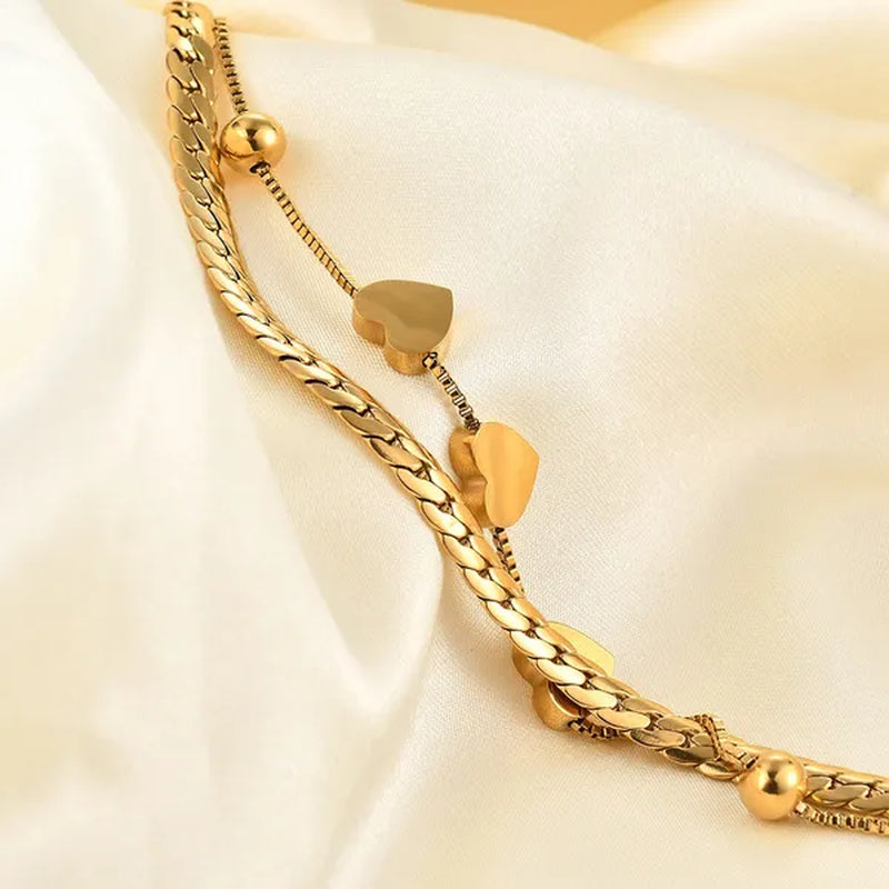 Women's Chain Bracelets 18K Gold Plated Stainless Steel Classic Heart Double Layer Tennis Bracelet Adjustable Bangle for Women