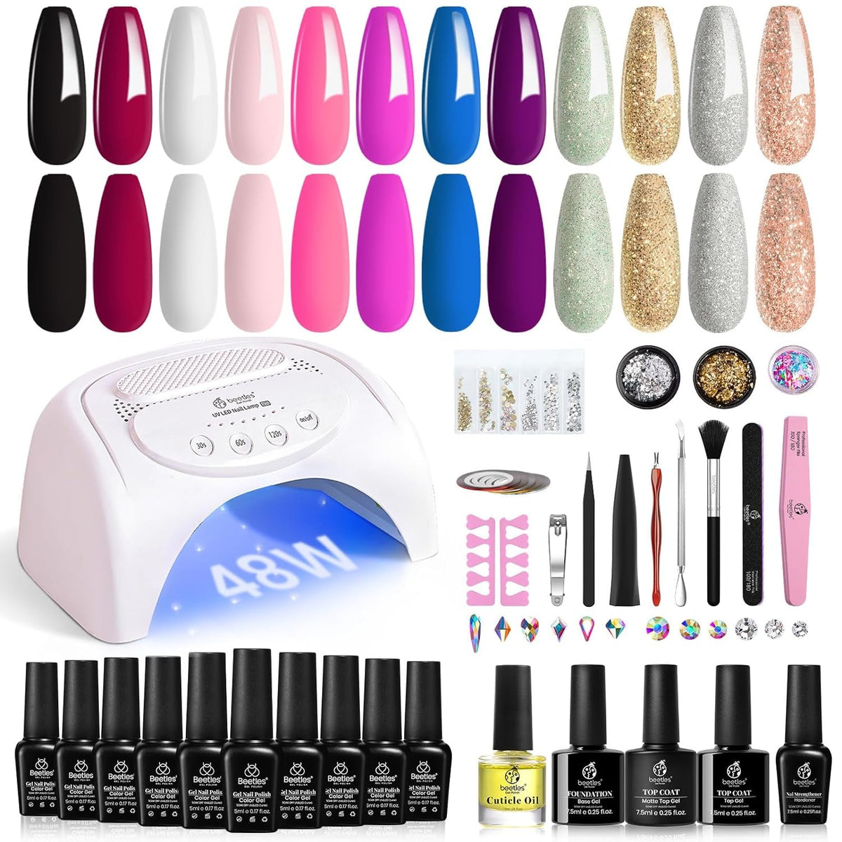 Beetles Gel Nail Polish Kit with 48W light 18 Pcs Gel Starter Kit,6 colors Nude Pink French White Glitter Gel Polish Soak Off Base Top Coat Gel Art Manicure Kit
