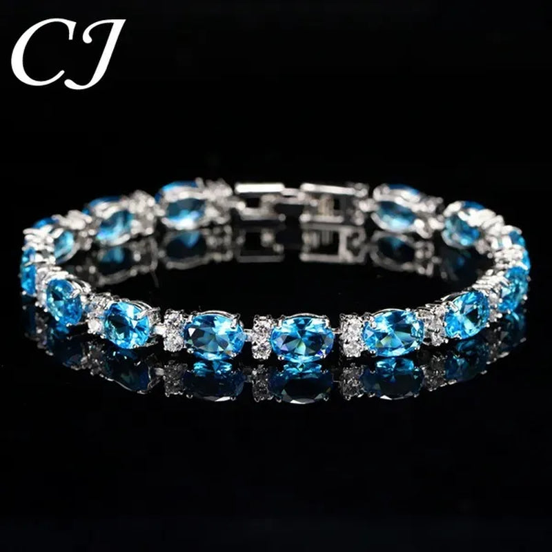 CANDICE Top Grade Blue Oval Women Silver Plated Jewelry Pave White Cubic Zirconia Noble Tennis Bracelet Bangles with Extended Clasp