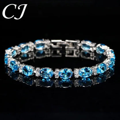 CANDICE Top Grade Blue Oval Women Silver Plated Jewelry Pave White Cubic Zirconia Noble Tennis Bracelet Bangles with Extended Clasp