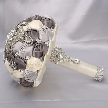 21CM Shiny Silver Rhinestone Brooch Bridal Bouquet Handmade Silk Rose Ribbon Diamond Wedding Flower Bouquet Bridesmaid Holding Flowers