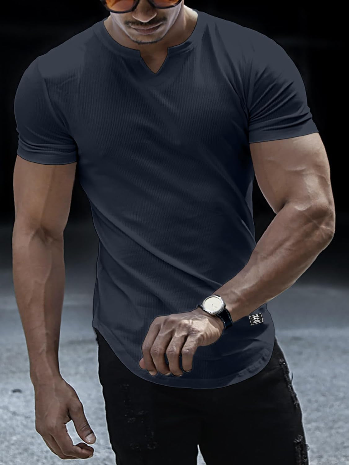 Mens Muscle T Shirts V Neck Short Sleeve Henley Shirt Hipster Longline Gym Workout Athletic Tee Shirts