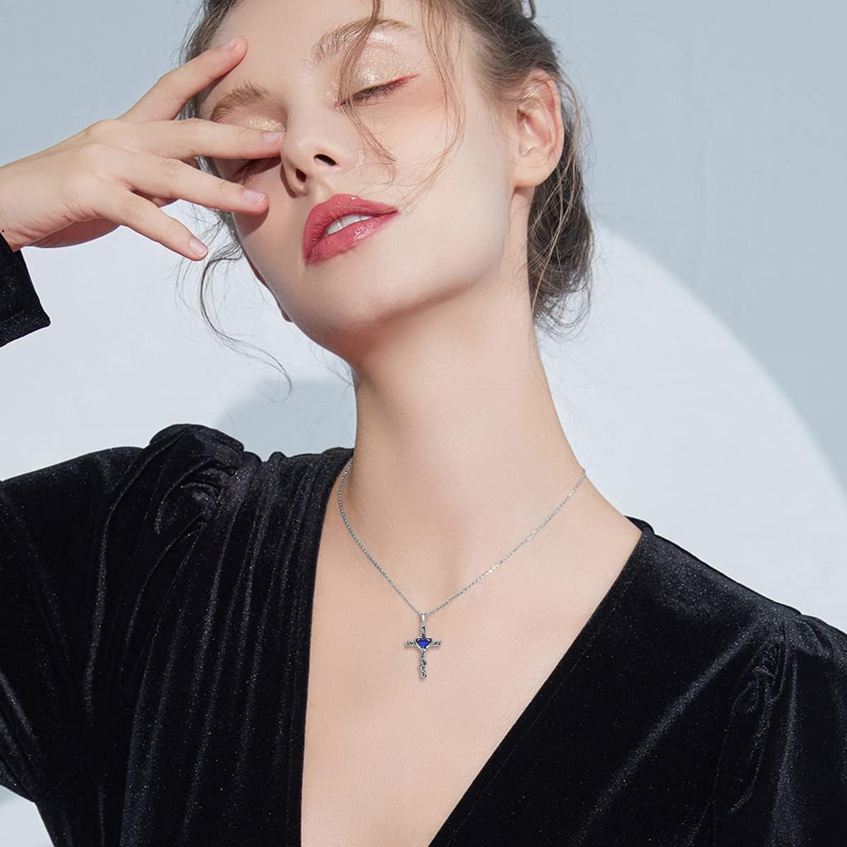 Birthstone Cross Necklace for Women 925 Sterling Silver Heart Cross Pendant Necklace I Love You Jewelry Anniversary Birthday Gifts for Her Mom