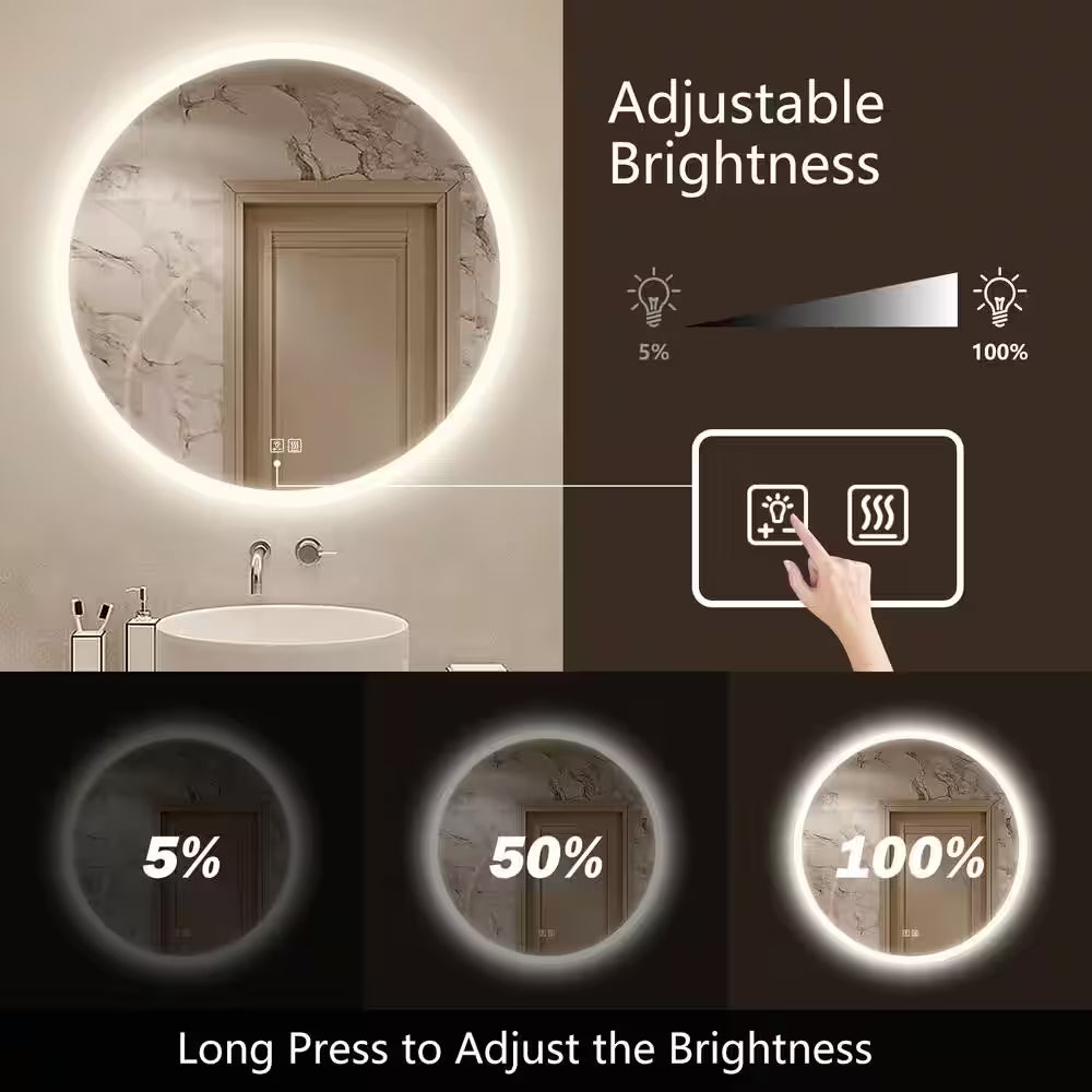 36 In. W X 36 In. H round Frameless LED Light with 3-Color and Anti-Fog Frosted Edge Wall Mounted Bathroom Vanity Mirror