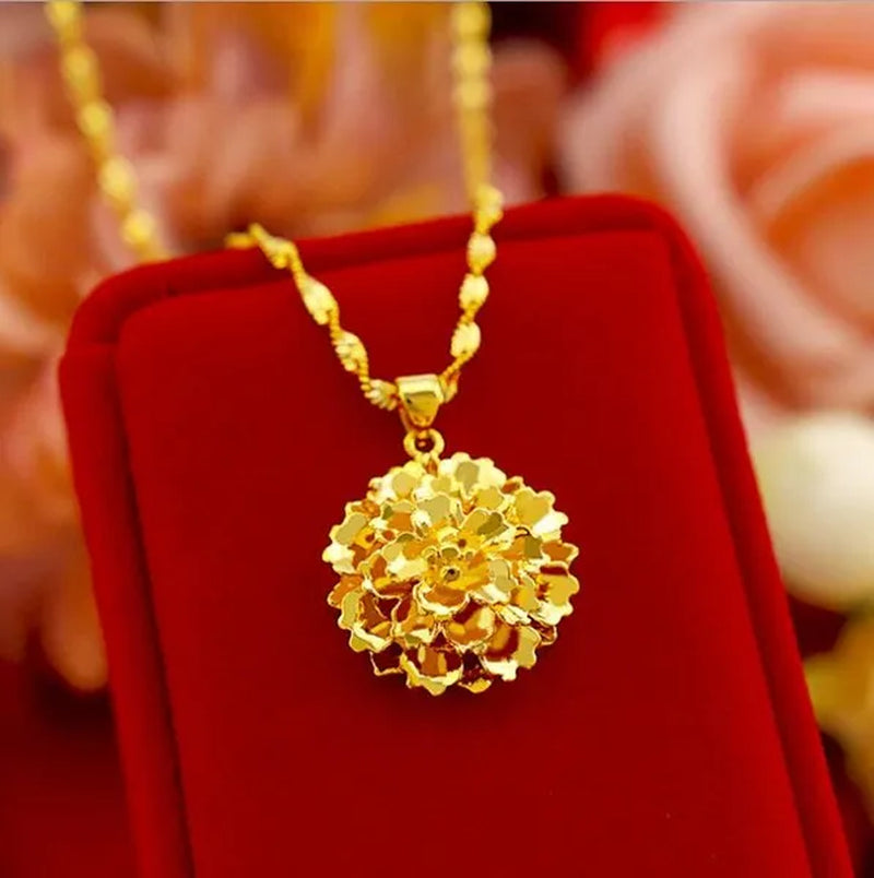 Women Wedding Jewelry Real 18 K Gold Flower Design Pendant Chain Necklace 16-30 Inch （Water Wave Chain）