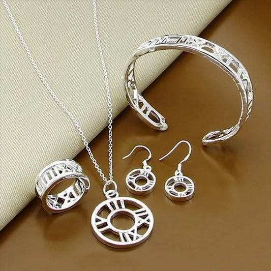 New Style 925 Sterling Silver Roman Numeral Earrings Bracelet Necklace Ring Set For Women Wedding Engagement Fashion Charm Jewel