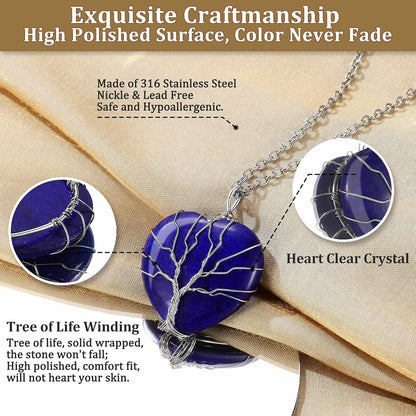 Tree of Life Wrapped Healing Crystal Necklaces 12 Month Birthstone Pendant for Women, Crescent/Heart Gemstone Jewelry, Vintage Birthday Gifts/Energy Gift