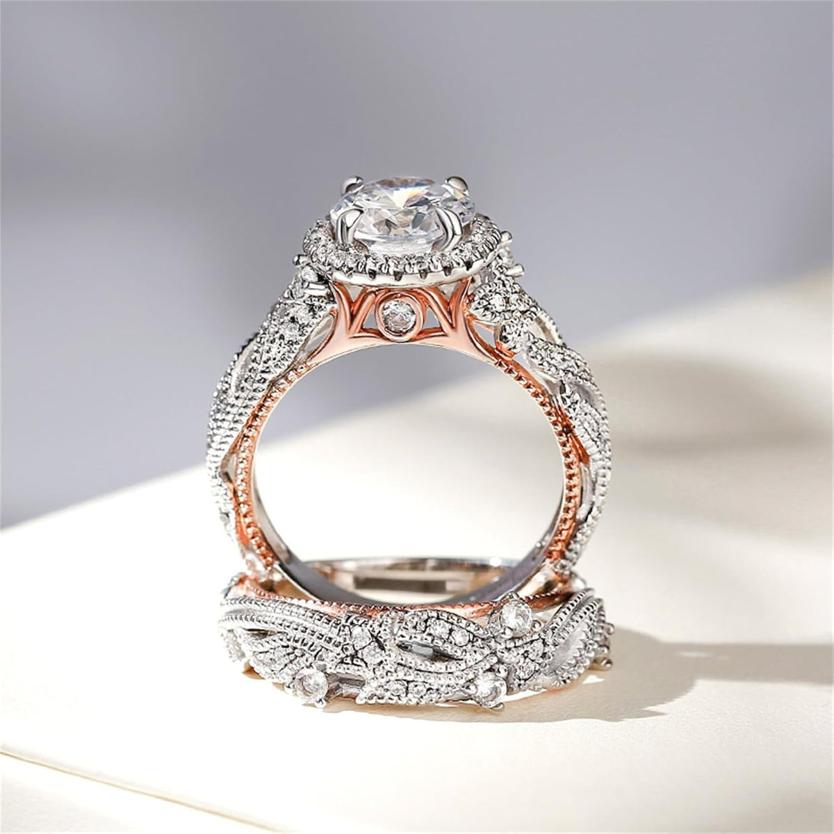 4 Carat Openwork Ring Sets for Women 925 Sterling Silver Wedding Sets Rose Gold round Cut Halo Engagement Ring White Diamond Band CZ Solitaire Anniversary Promise Rings