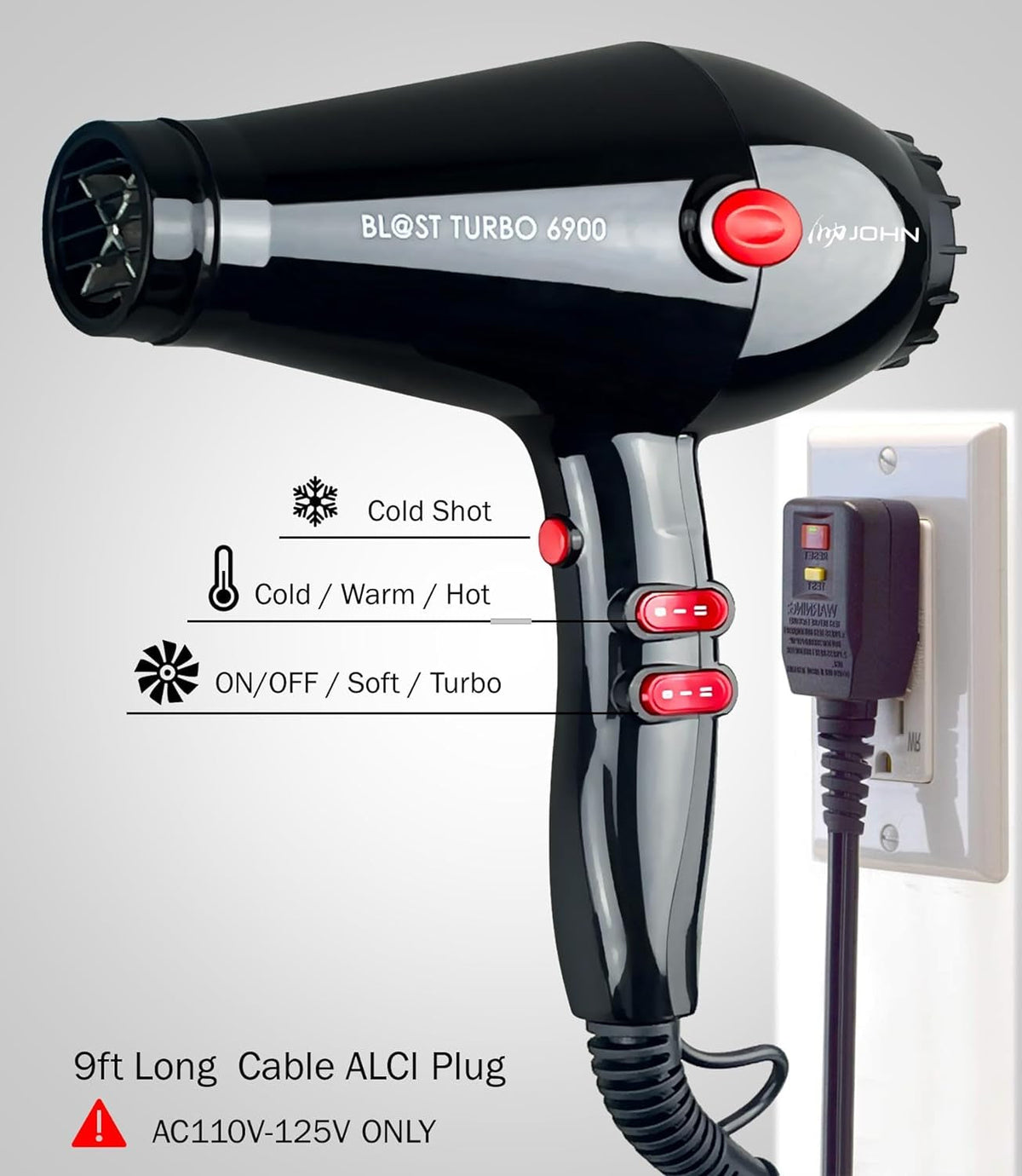 Super Fast Drying Hair Dryer, Ionic 2200W Professional Salon Blow Dryer, 2 Concentrator Nozzles, Blast Turbo 6900, Black