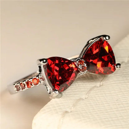 Fashion Women Girl Garnet Red Ruby Bow Ring 18K White Gold Bride Princess Wedding Engagement Jewelry Gifts