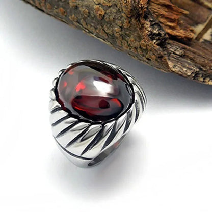 NOVE JEWELRY men's fashion new elegant vintage gothic band 316L stainless steel ring ellipse charm red rhinestone rings wedding band silver + red US Size 7 to 12
