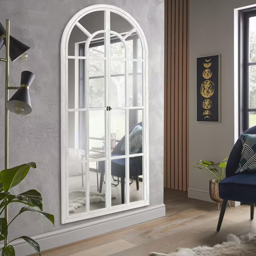 31.5 In. W X 71 In. H Oversize Classic Arched Solid Wood Framed White Floor Mirror