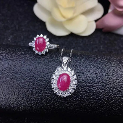 Classic ruby ring pendant jewelry set for party 6 mm *8 mm Cabochon cut ruby jewelry set solid 925 silver ruby jewelry girl gift