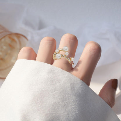 Vintage Pearl Cluster Stacking Promise Ring - Adjustable Open Finger Ring Trendy Personality Statement Jewelry for Women