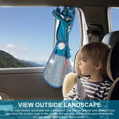 Car Sun Shade Cover Cartoon Side Window Curtain Sunshade Visor Heat Shield UV Protector For Kid Baby Children W/ Storage Net