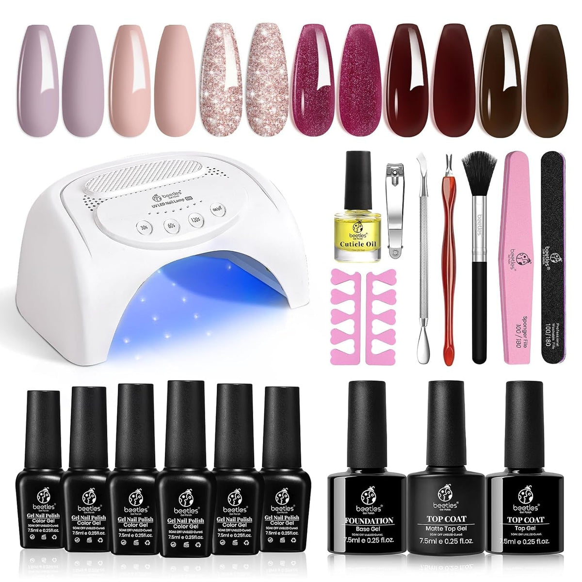 Beetles Purple Burgundy Red Gel Nail Polish Kit with Uv Light 48W LED Nail Lamp Dryer Spring Colors Neutral Gel Polish Starter Kit Peach Pink Manicure Set Soak off Gel Polish Skin Tone Gifts for Women