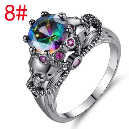 Gothic Style Sterling Silver Skull Ring Black Sapphire/Rainbow Crystal Diamond Punk Jewelry Proposal Birthday Gift Bridal Engagement Band Rings for Men Women Bride Size 6-9