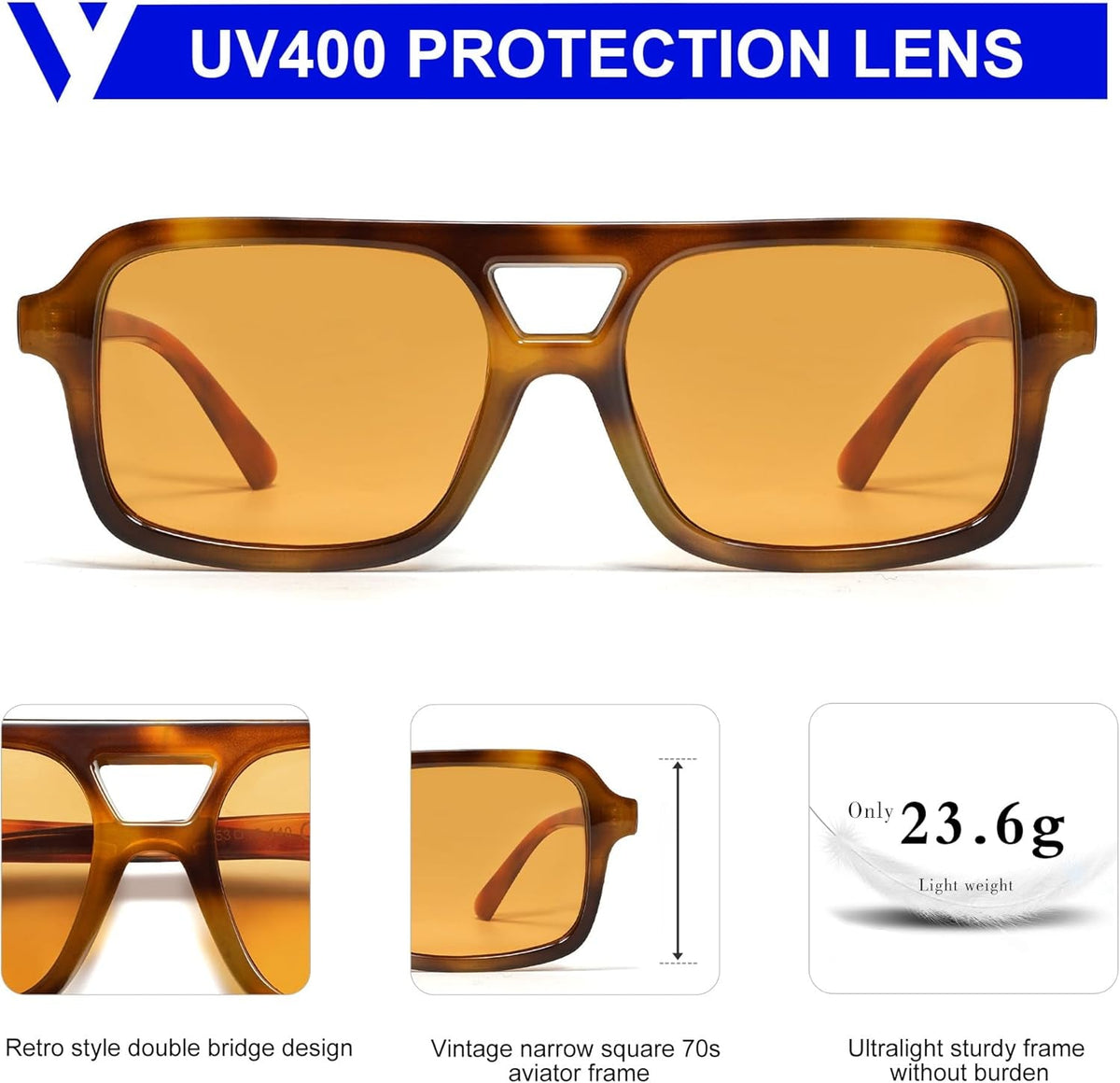 Retro 70S Square Aviator Sunglasses for Women Men Vintage Trendy Rectangle Sun Glasses VL9816