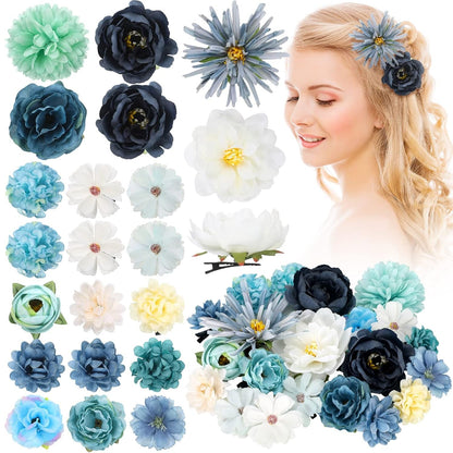 21 Pcs Flower Hair Clip Rose Hair Clips Barrettes for Women Flower Accessories Boho Bride Claw Clip Hairpin Brooch Pin Headpiece for Wedding(Light Blue)