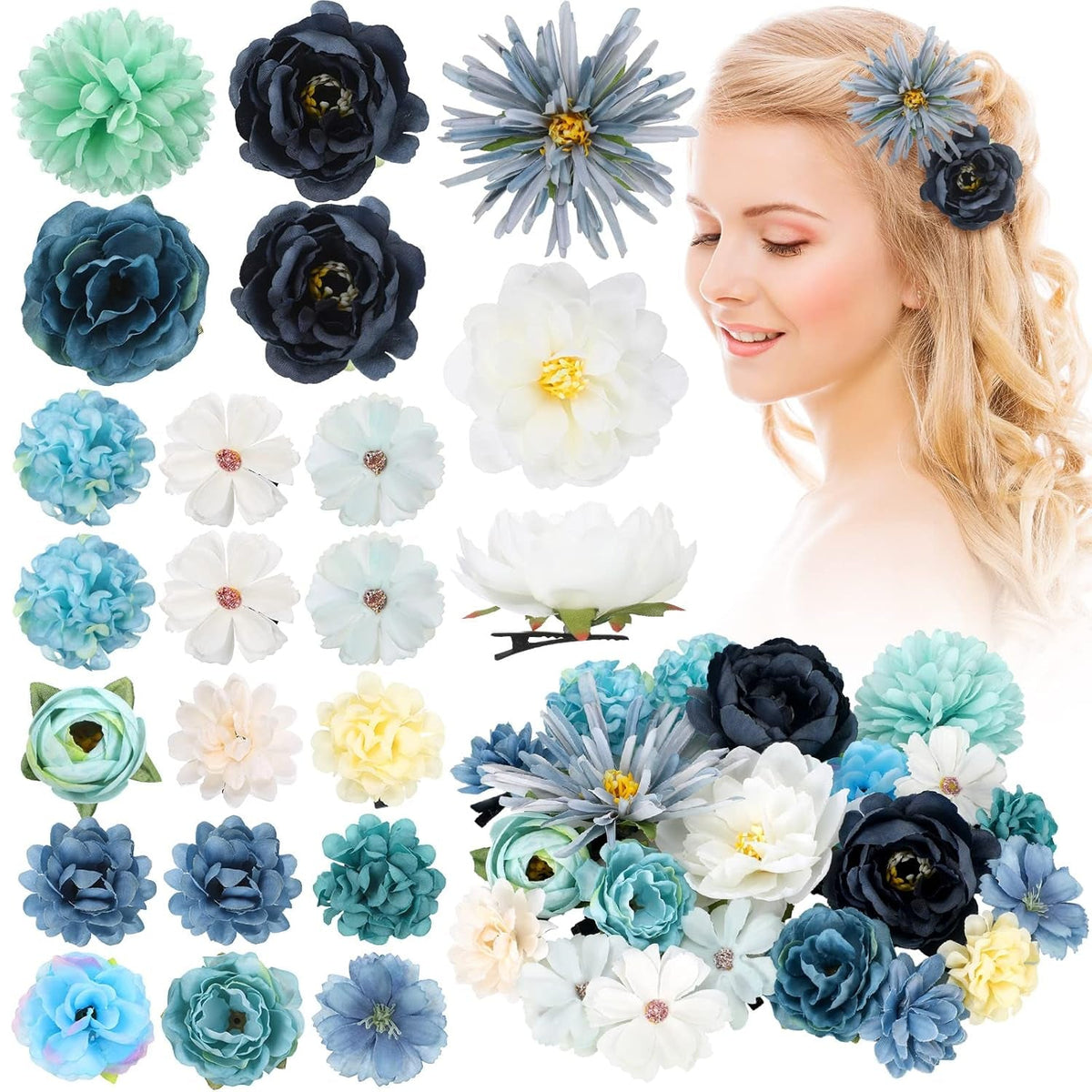 21 Pcs Flower Hair Clip Rose Hair Clips Barrettes for Women Flower Accessories Boho Bride Claw Clip Hairpin Brooch Pin Headpiece for Wedding(Light Blue)