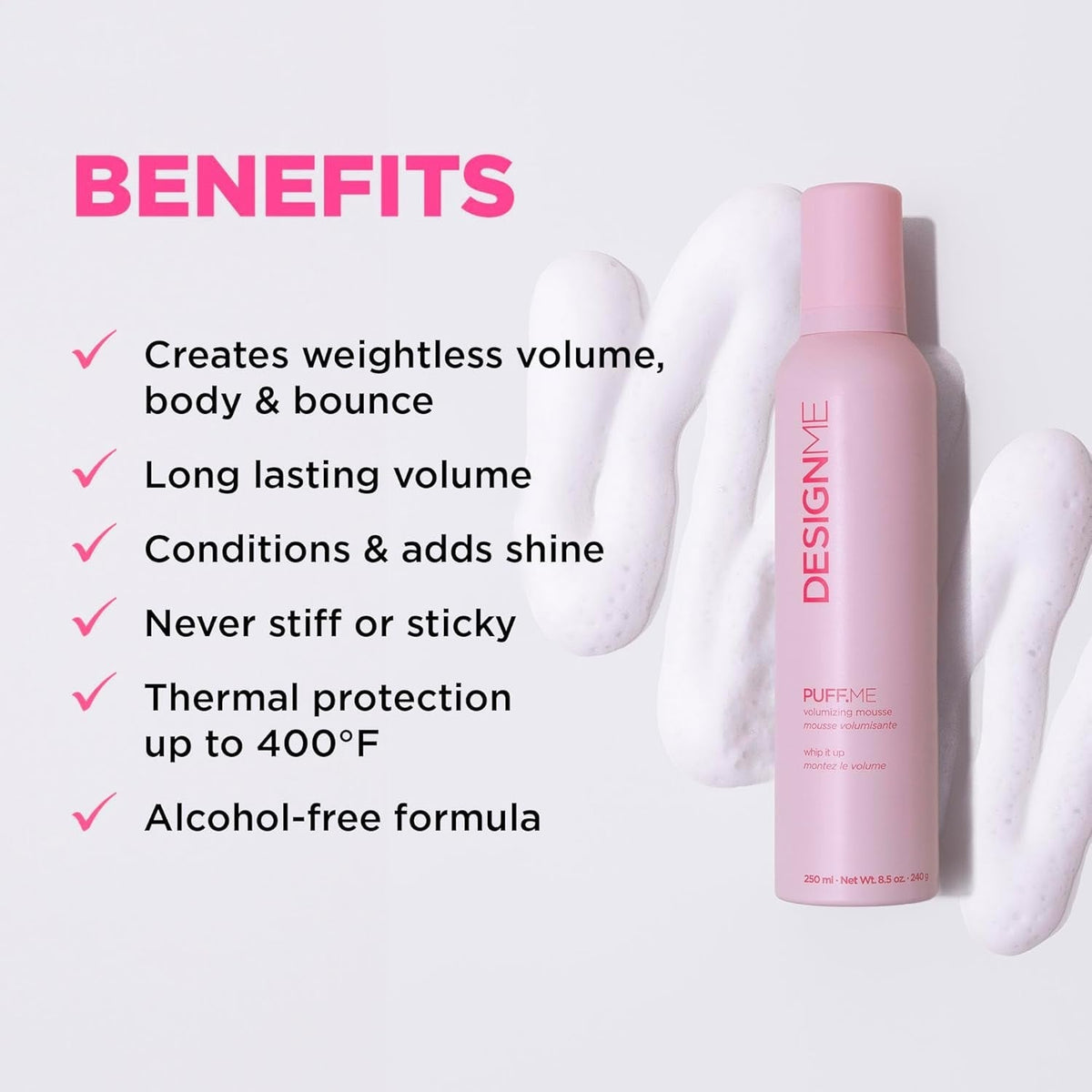PUFF.ME Hair Volumizing Mousse | Lightweight & Flexible Hold Hair Mousse for Curls, Waves, or Straight Hair | Paraben & Sulfate-Free Hair Volumizer for Fine Hair with Vitamin B5 & E, 250Ml