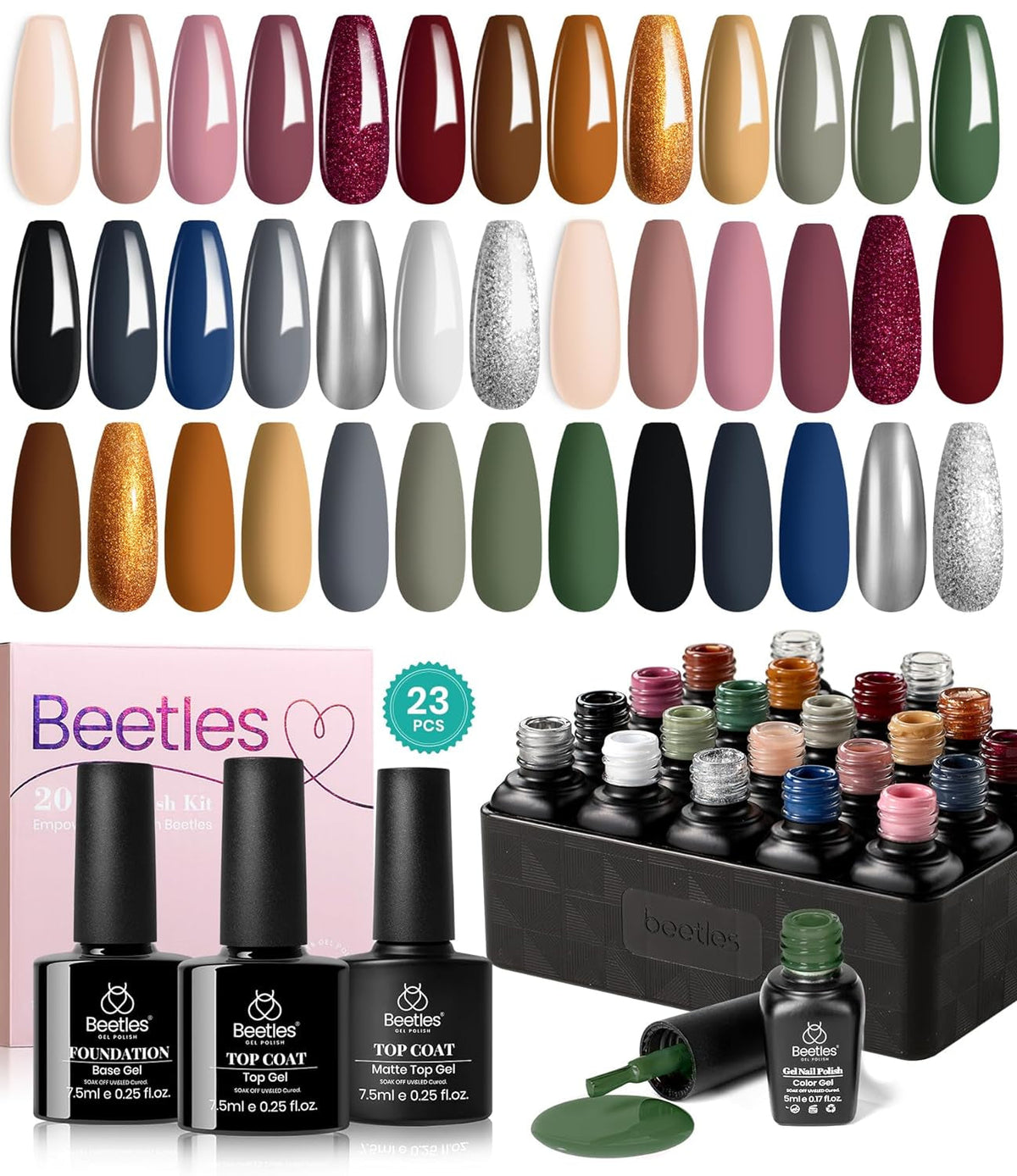 Beetles 23Pcs Gel Nail Polish Kit with Glossy Matte Top Coat and Base Coat Girls Night Collection White Nude Gray Glitters Gel Nail Polish Set U V Soak Off Holiday Manicure for Women Girls