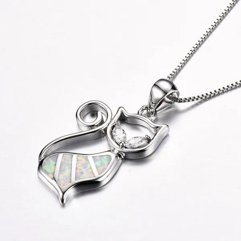 Fashion Elegant 925 Silver White Fire Opal Sapphire Cat Pendant Necklace Womens Jewelry Gifts