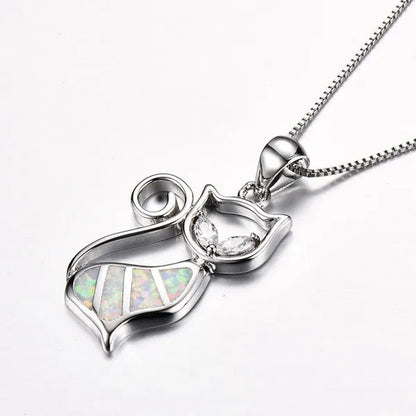 Fashion Elegant 925 Silver White Fire Opal Sapphire Cat Pendant Necklace Womens Jewelry Gifts