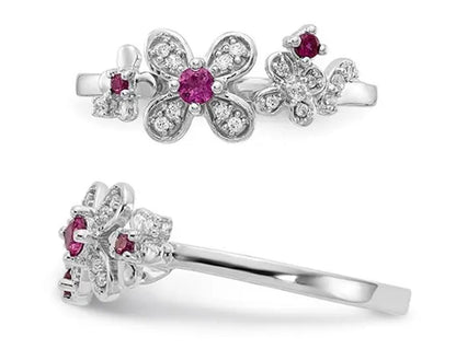 1/8 Carat (ctw) Natural Ruby Flower Ring in 14K White Gold with Diamonds