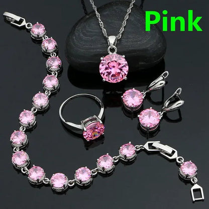 925 Sterling Silver Jewelry Set Olive Green Cubic Zirconia Retro Earrings Ring Pendant Necklace Bracelet 4Pcs for Bride