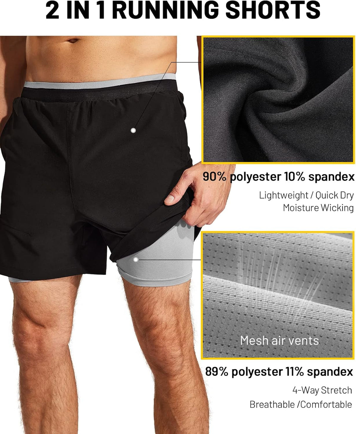 Men'S 2 in 1 Running Shorts with Liner 5" Quick Dry Gym Workout Athletic Shorts with Pockets, Lightweight, Breathable