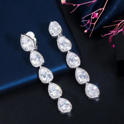 CANDICE Long Water Drop Dangling Jewelry Pave Clear Cubic Zirconia Crystal Female Non Pierced Wedding Clip on Earrings