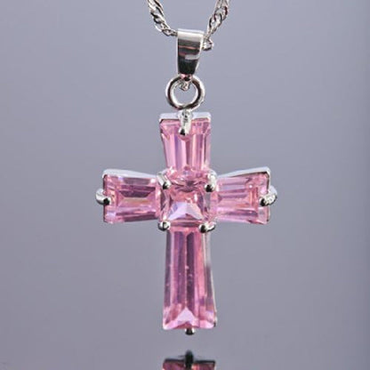 Cross Pendant with 18" Chain & Trapezoid Square Cut CZ [7 Colors Available] in White Gold Plated, Simple Modern Elegant
